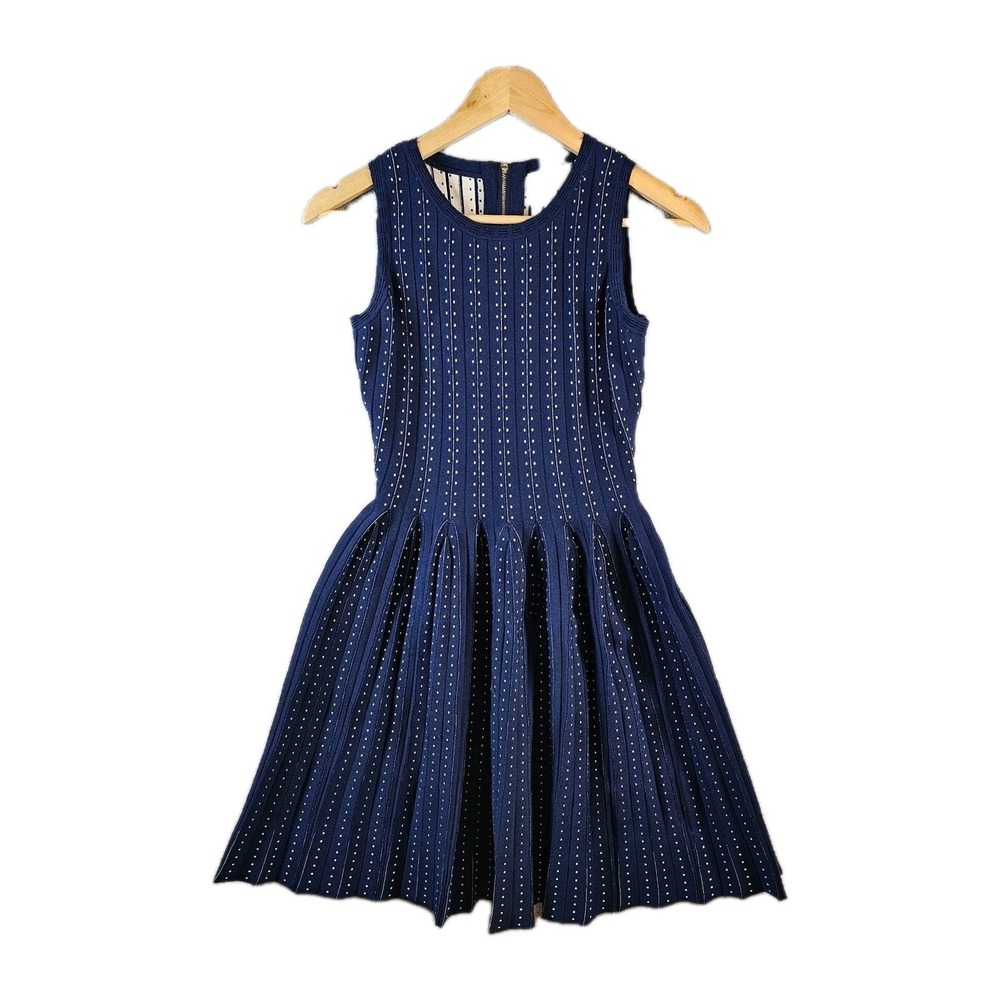 Milly‎ Sleeveless Flare Dress Cocktail Wedding Date Feminine Dot Pleated Blue S